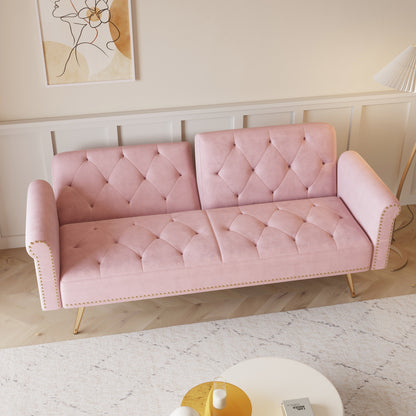 69.7 Velvet Sofa Bed with Nailhead Trim & Pillow - Modern 2-Seater Sleeper