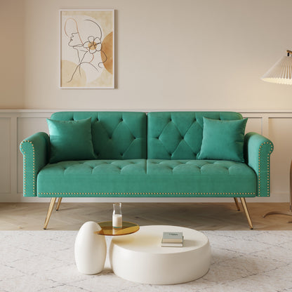 69.7 Velvet Sofa Bed with Nailhead Trim & Pillow - Modern 2-Seater Sleeper