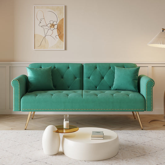 69.7 Velvet Sofa Bed with Nailhead Trim & Pillow - Modern 2-Seater Sleeper
