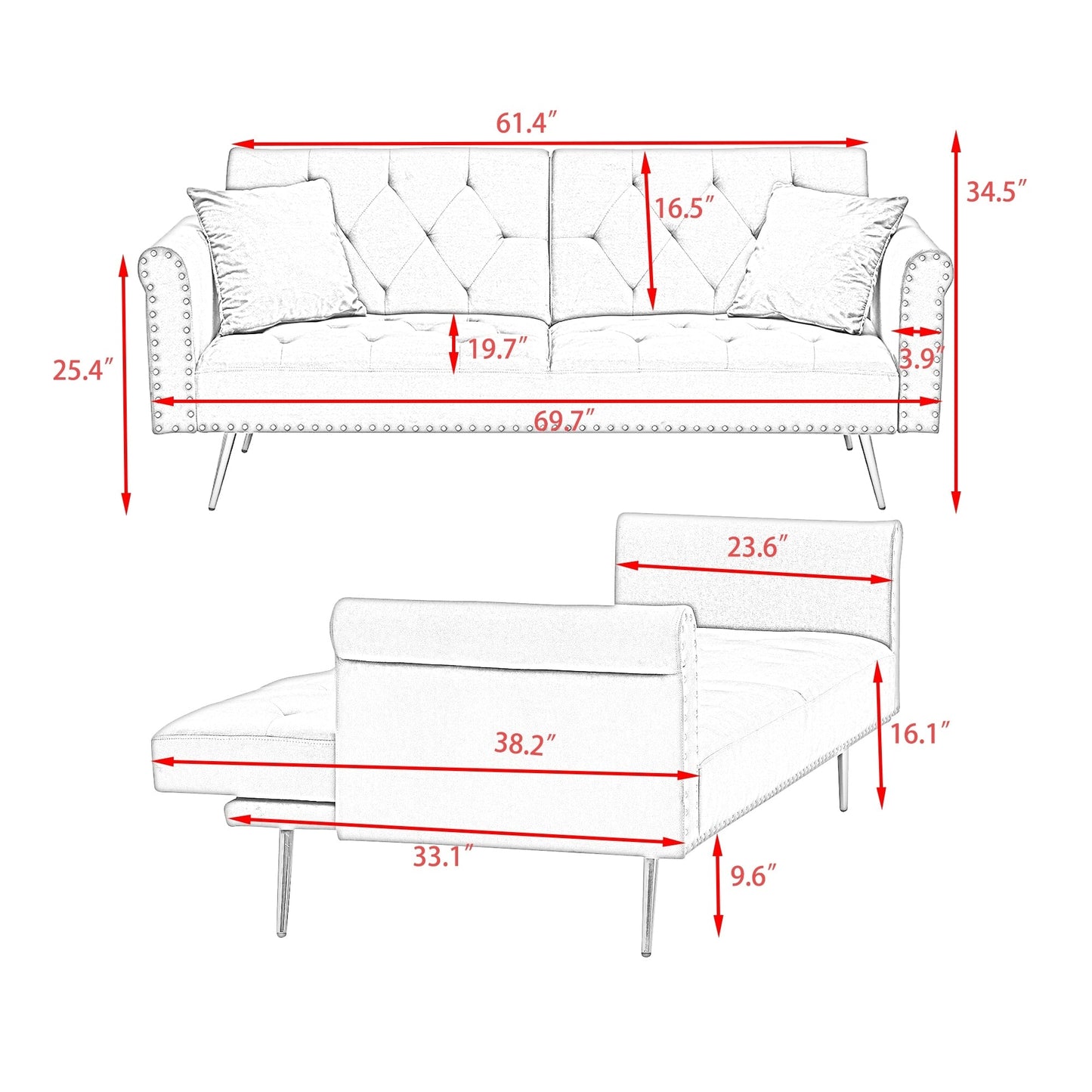 69.7 Velvet Sofa Bed with Nailhead Trim & Pillow - Modern 2-Seater Sleeper