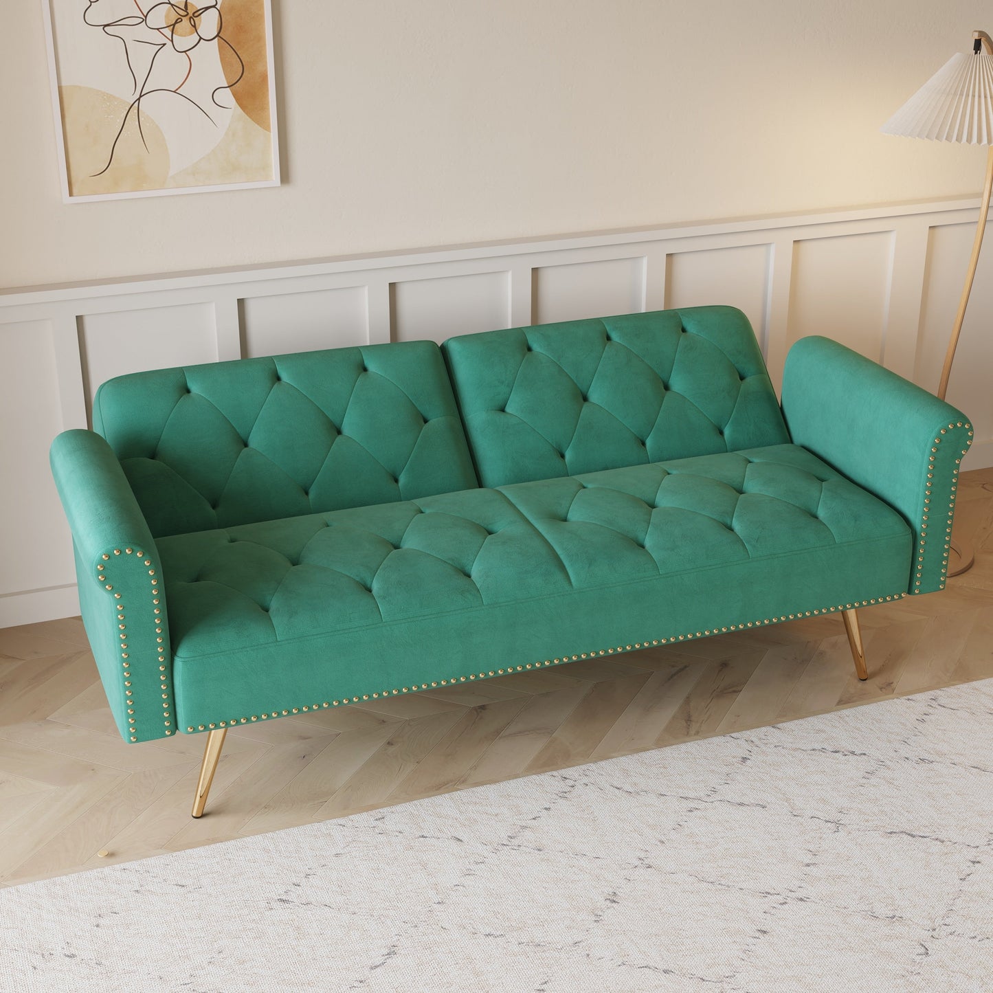 69.7 Velvet Sofa Bed with Nailhead Trim & Pillow - Modern 2-Seater Sleeper