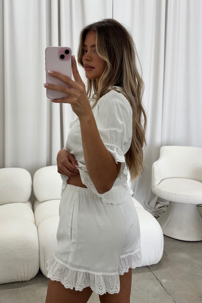 Tyler Shorts With Eyelet Ruffle Trim in Ivory