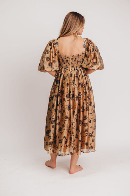 Harlow Camel & Black Floral Maxi Dress with Stretchy Neckline - Bump Friendly
