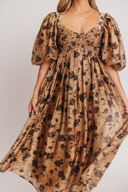 Harlow Camel & Black Floral Maxi Dress with Stretchy Neckline - Bump Friendly