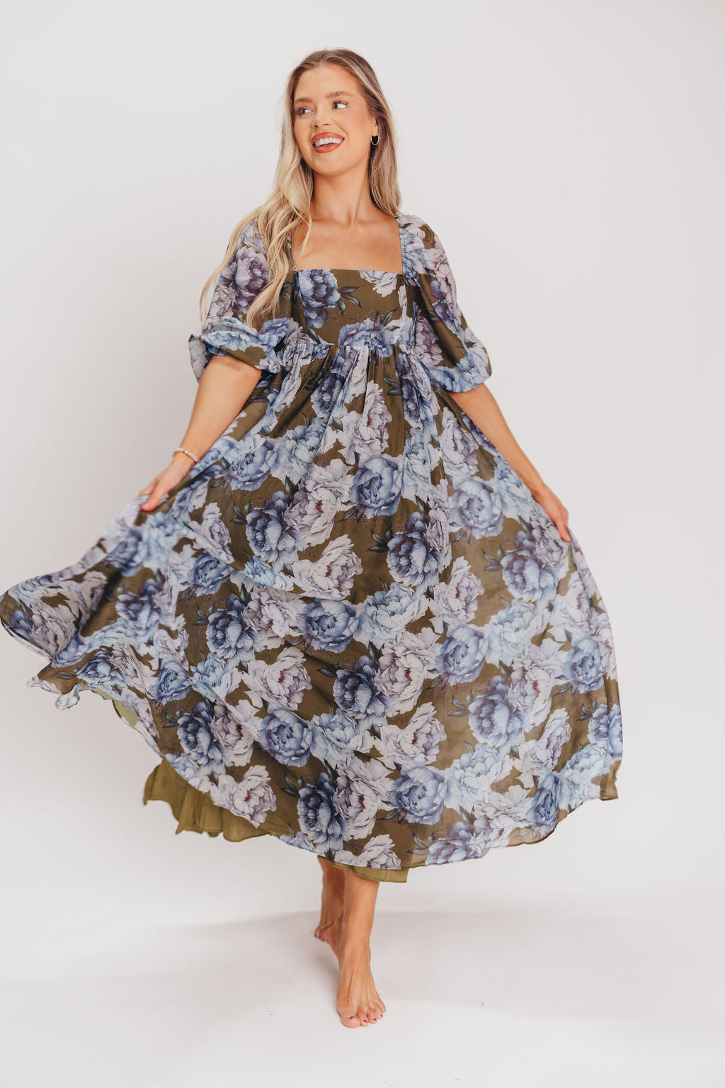 Mona Maxi Dress in Olive/Blue Floral - Bump Friendly *9/30 PRE-ORDER*