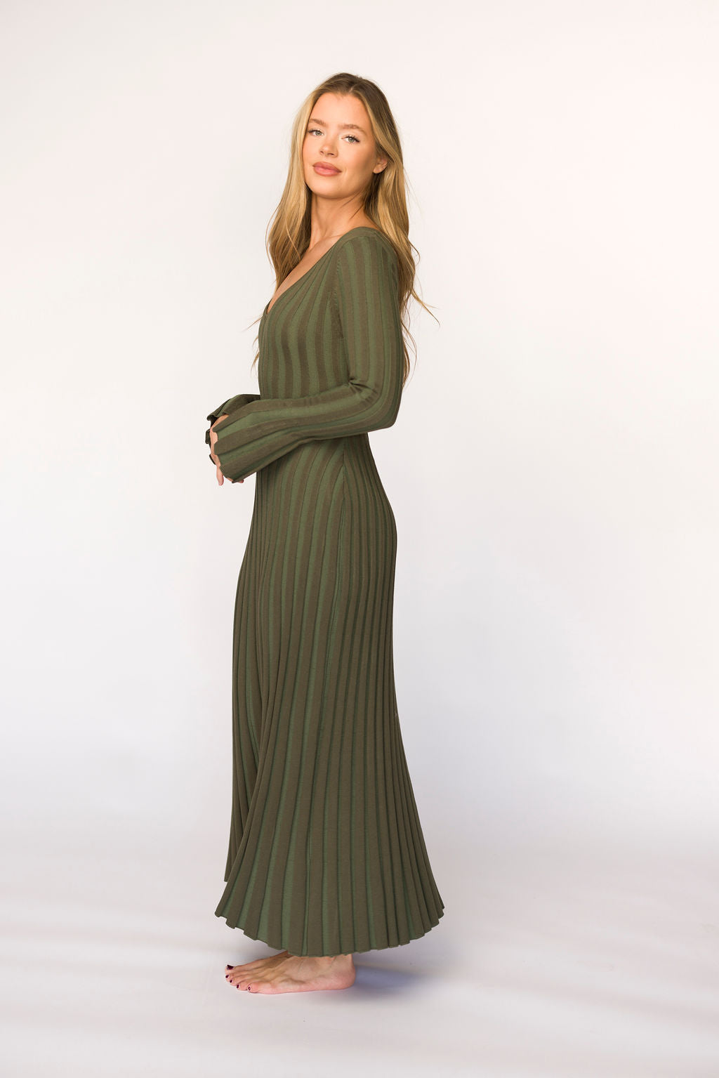 Hadley Long Sleeve V-Neck Knit Maxi Dress in Olive- Bump Friendly