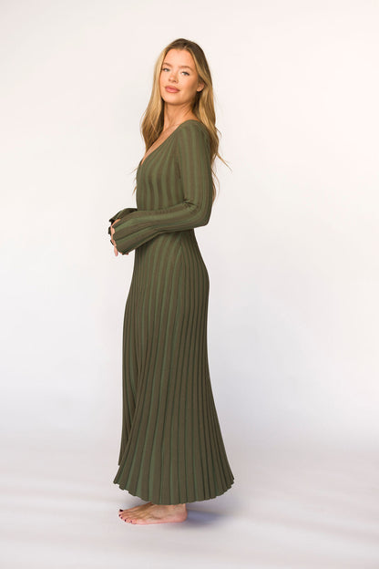 Hadley Long Sleeve V-Neck Knit Maxi Dress in Olive- Bump Friendly
