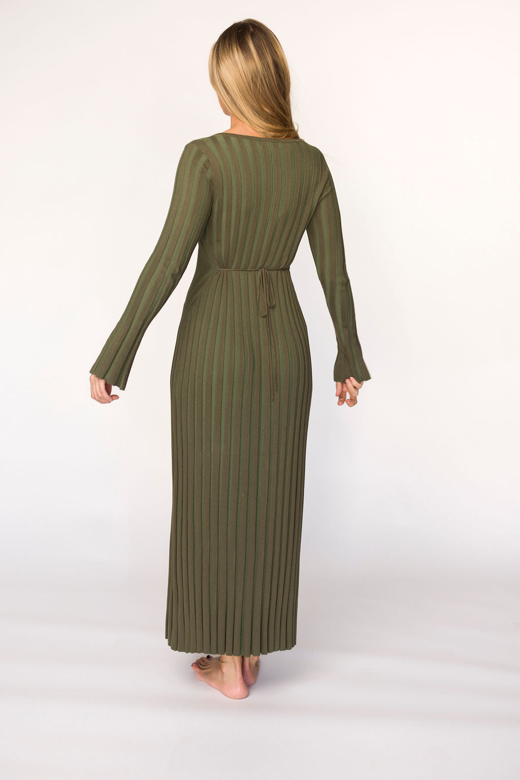 Hadley Long Sleeve V-Neck Knit Maxi Dress in Olive- Bump Friendly