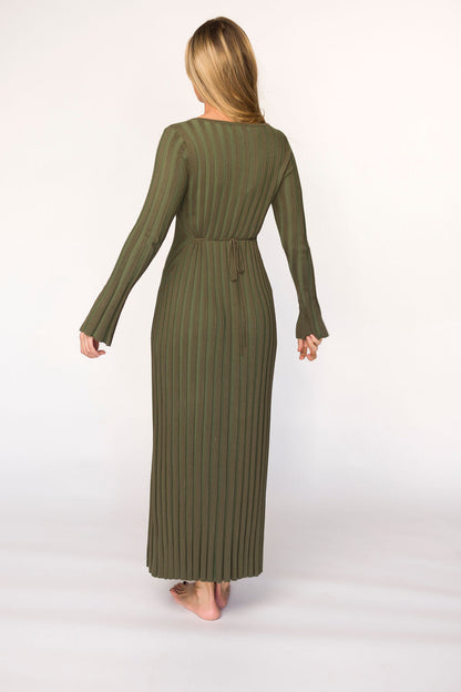 Hadley Long Sleeve V-Neck Knit Maxi Dress in Olive- Bump Friendly