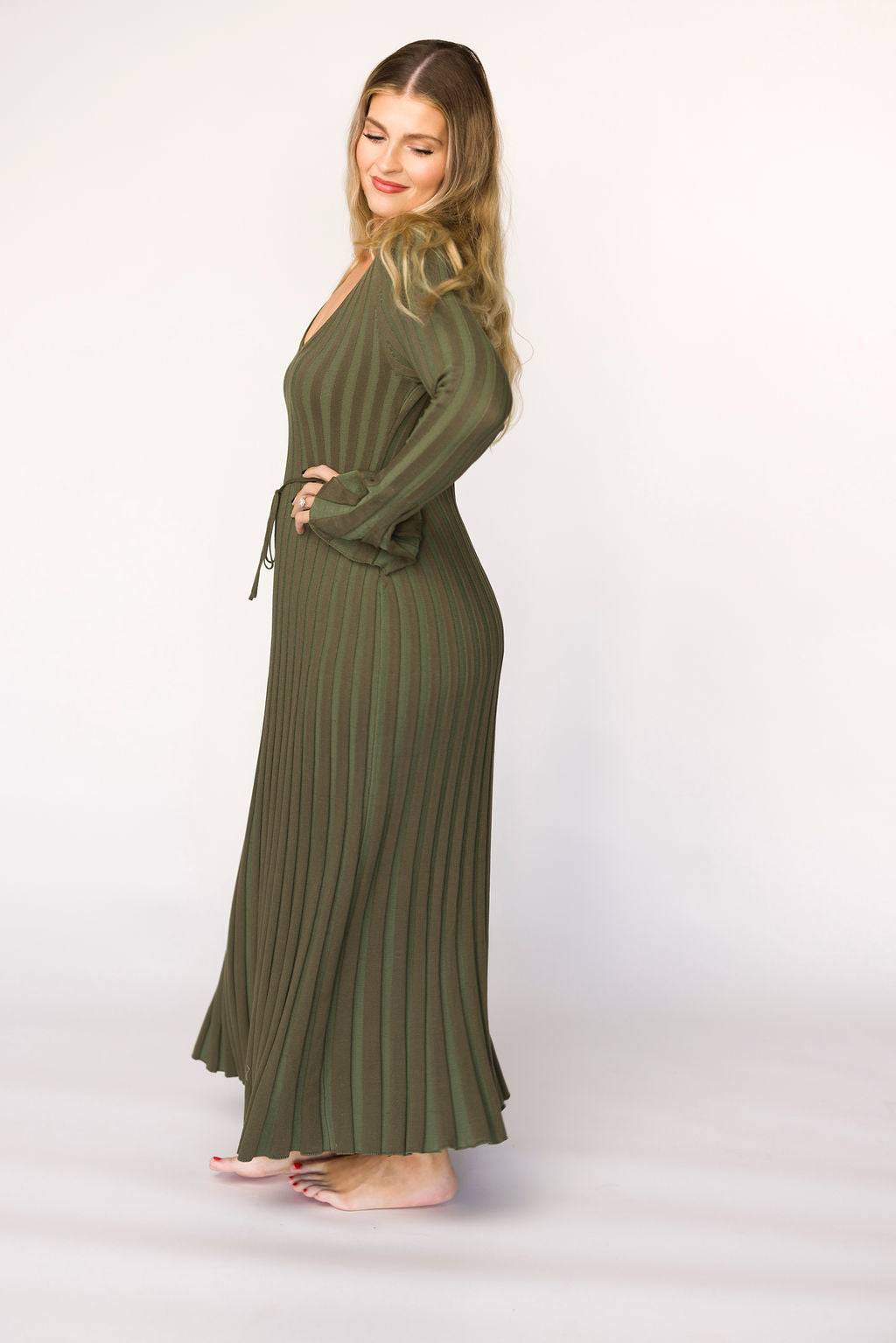 Hadley Long Sleeve V-Neck Knit Maxi Dress in Olive- Bump Friendly