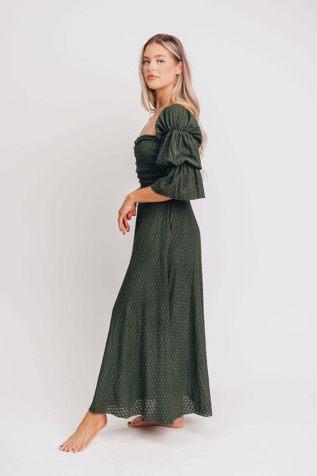 Corrine Tiered Sleeve Maxi Dress with Pockets in Hunter Green - Bump Friendly