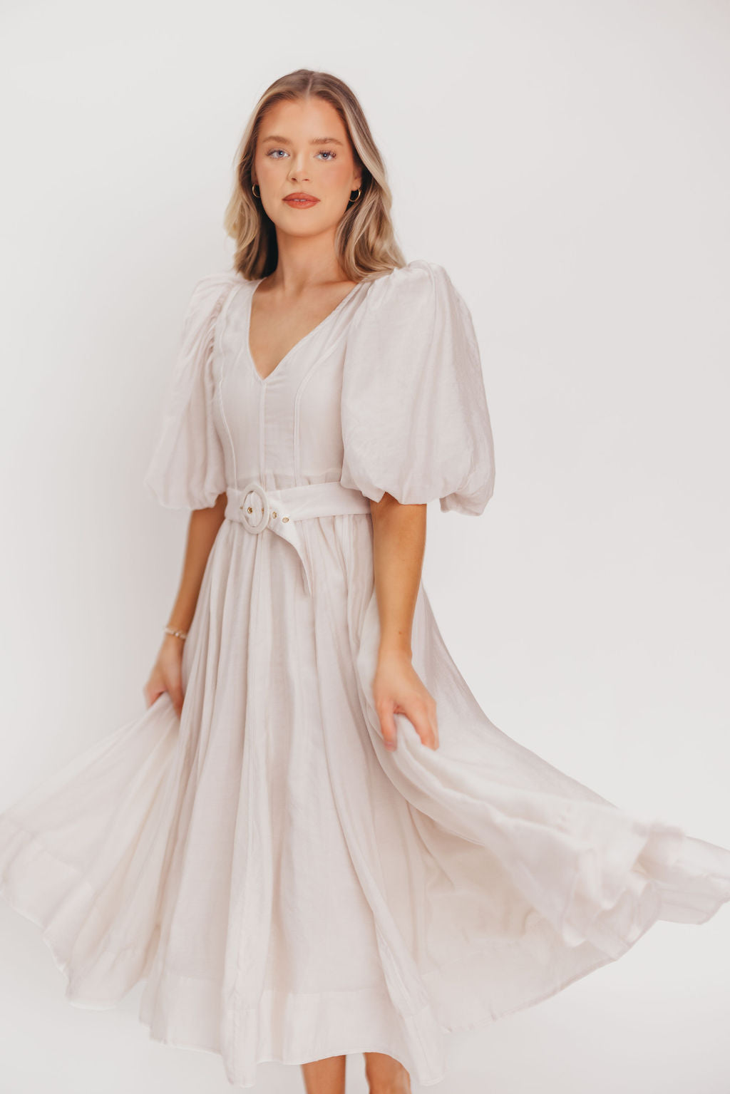 Courtney Puffed Sleeve Midi Dress with Belt in Natural