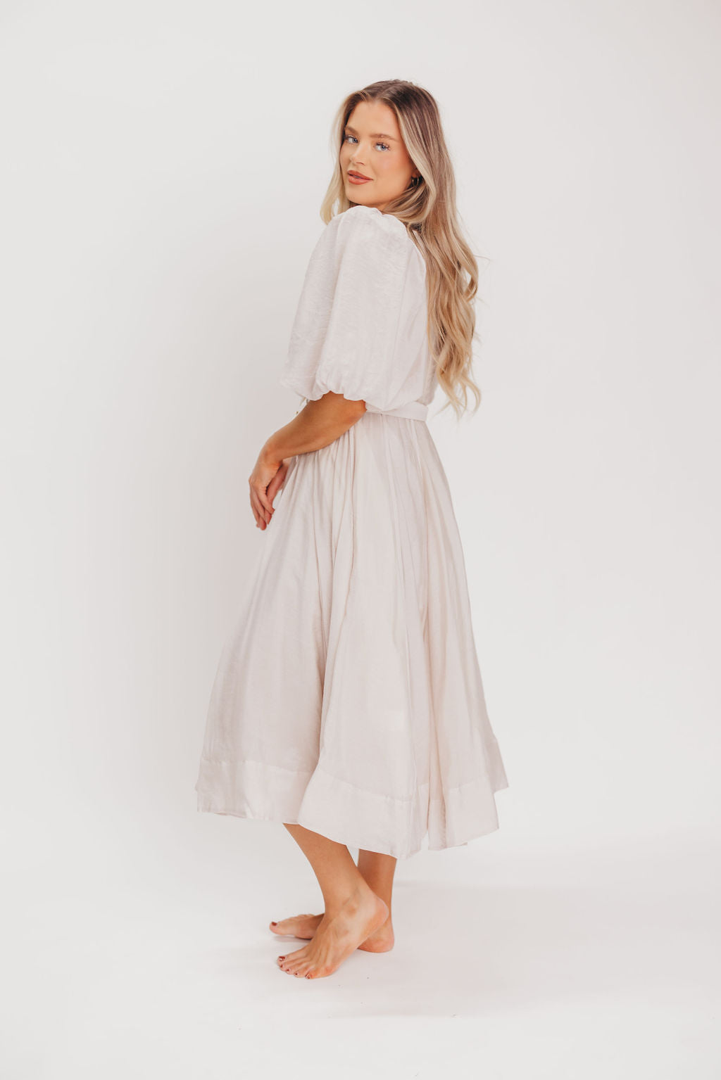 Courtney Puffed Sleeve Midi Dress with Belt in Natural