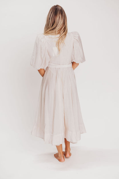 Courtney Puffed Sleeve Midi Dress with Belt in Natural