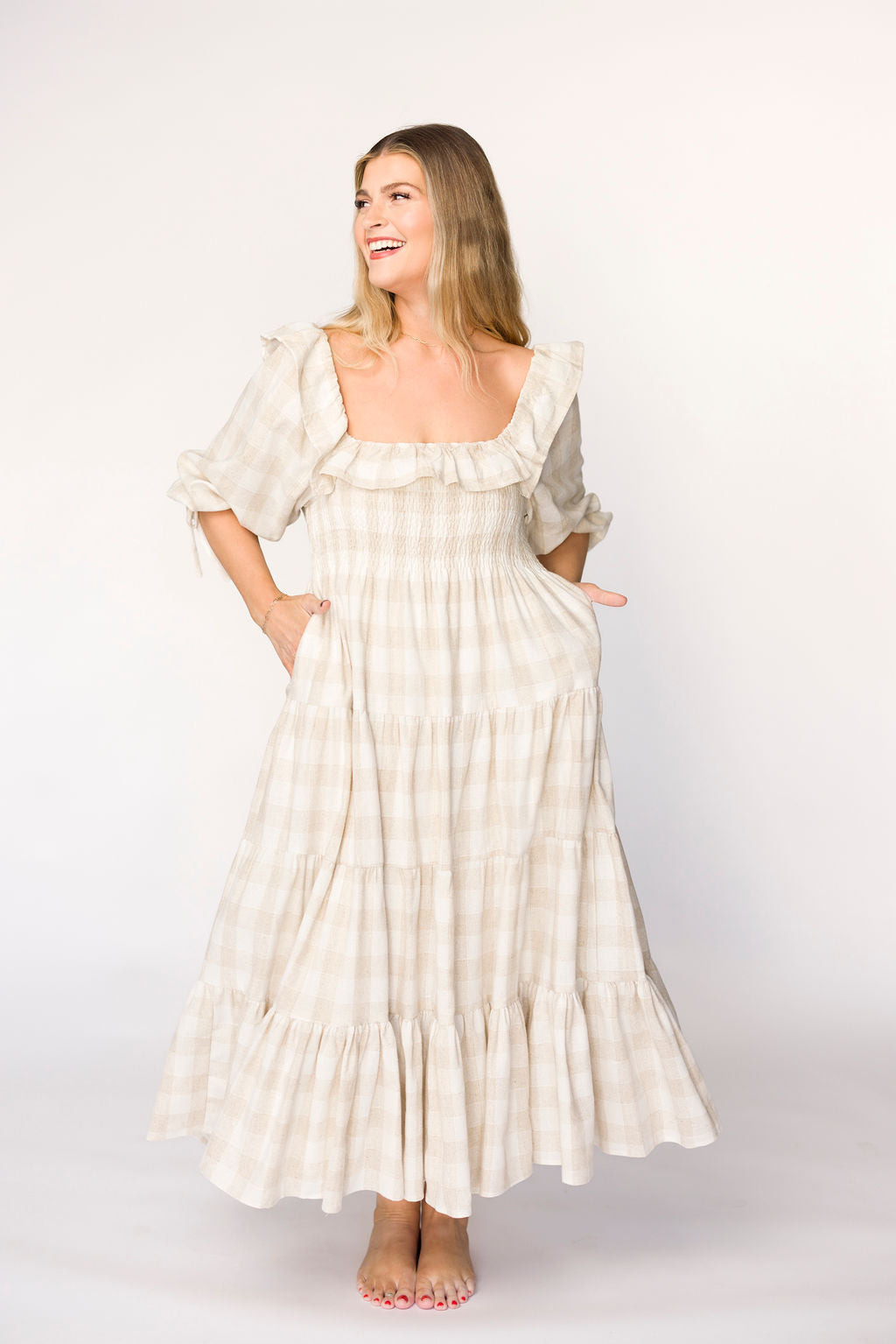Clea Dress in Natural Plaid - Bump Friendly