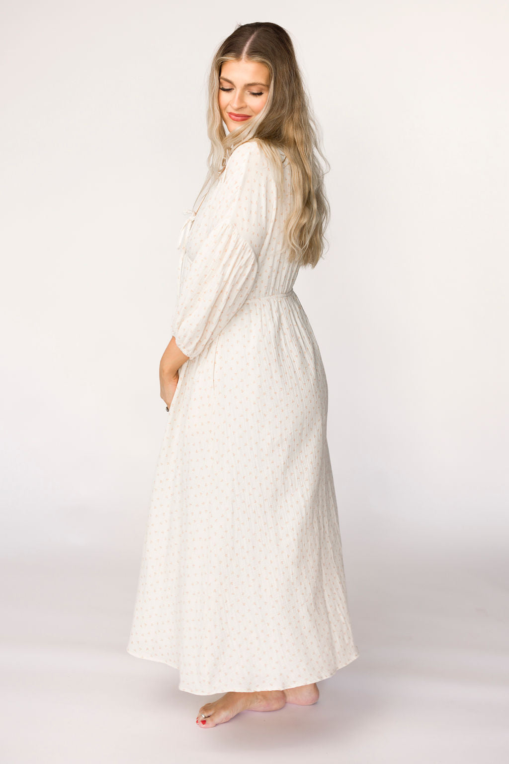 Hunter 100% Cotton Gauze Midi Dress in Natural/Brown Floral Bump Friendly (Fully Lined)