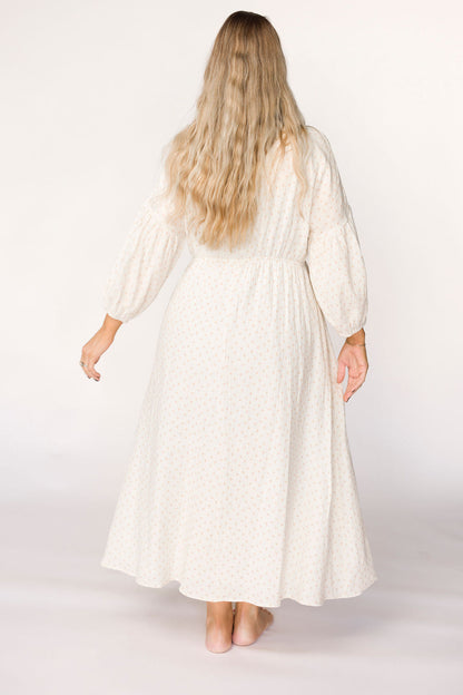 Hunter 100% Cotton Gauze Midi Dress in Natural/Brown Floral Bump Friendly (Fully Lined)