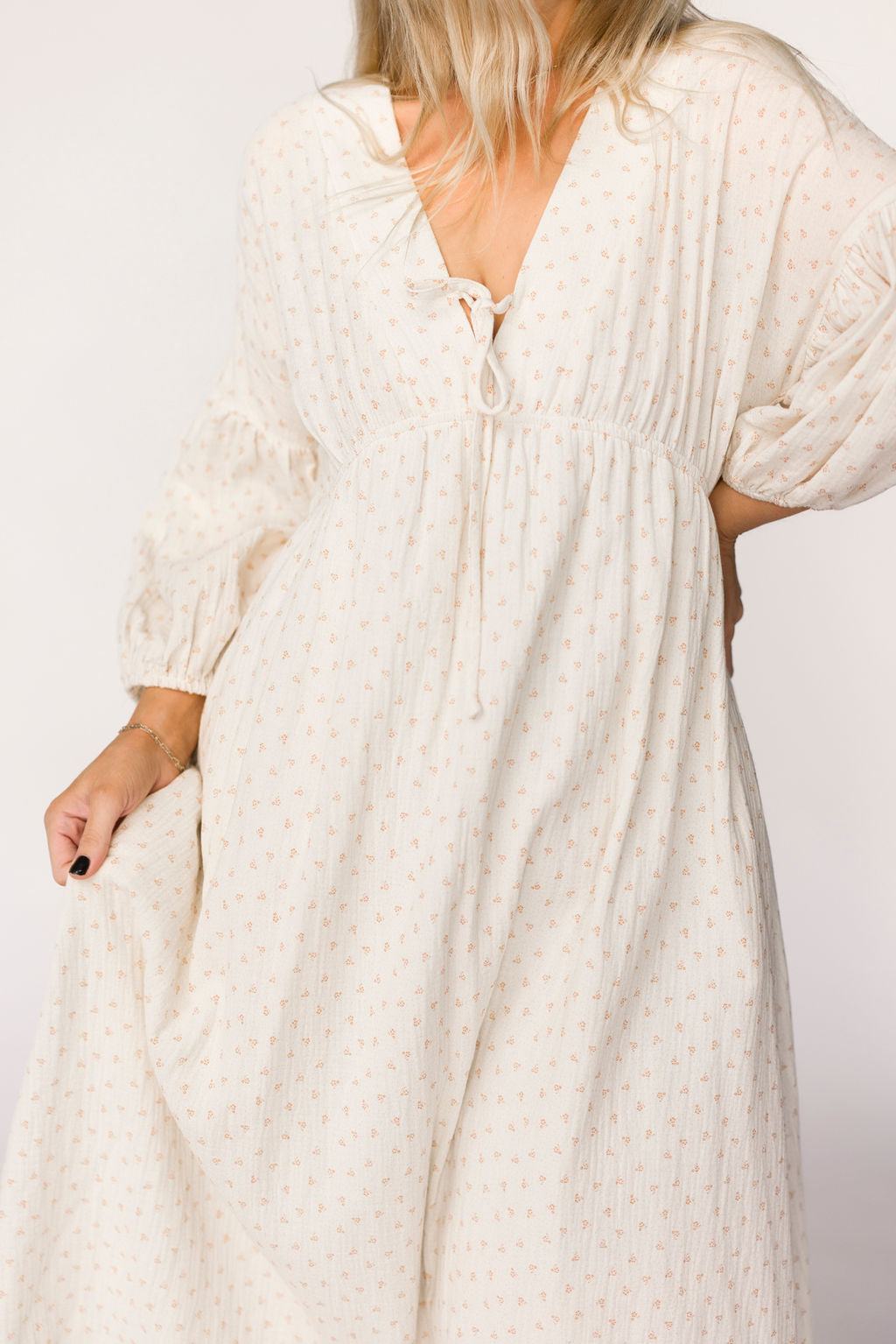 Hunter 100% Cotton Gauze Midi Dress in Natural/Brown Floral Bump Friendly (Fully Lined)