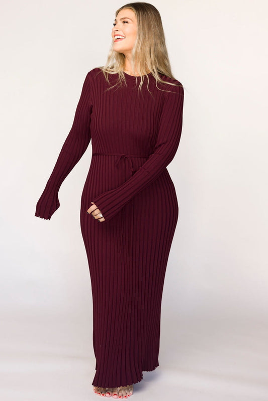 Colette Premium Long Sleeved Ribbed Knit Maxi Dress in Burgundy - Bump Friendly