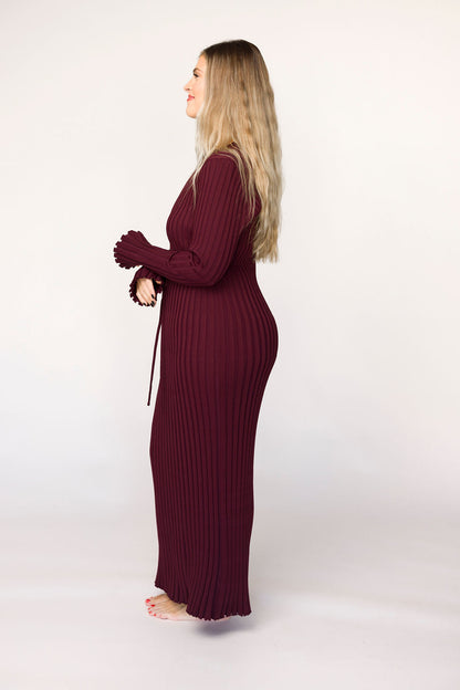 Colette Premium Long Sleeved Ribbed Knit Maxi Dress in Burgundy - Bump Friendly