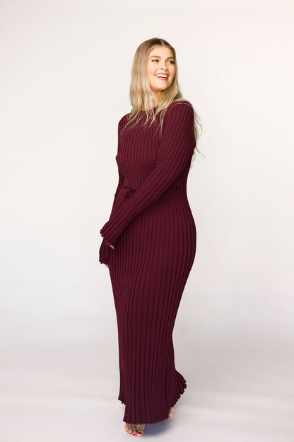 Colette Premium Long Sleeved Ribbed Knit Maxi Dress in Burgundy - Bump Friendly
