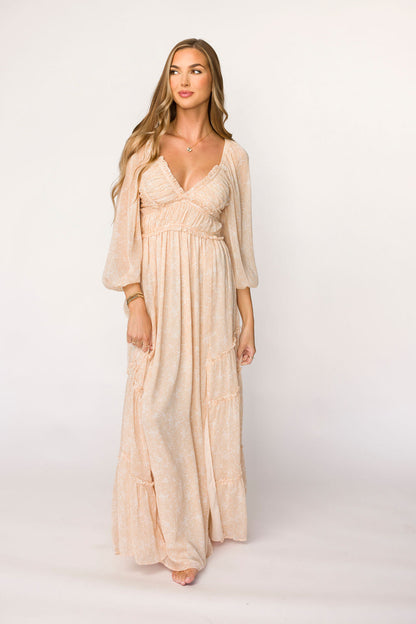Daphne Long Sleeve Maxi Dress in Light Beige/White Floral - Bump Friendly & Inclusive Sizing (XS-3XL)