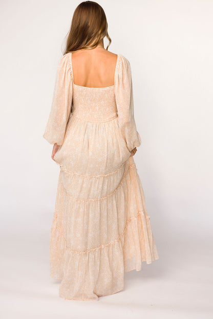 Daphne Long Sleeve Maxi Dress in Light Beige/White Floral - Bump Friendly & Inclusive Sizing (XS-3XL)