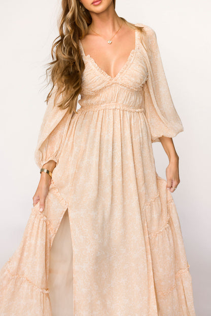 Daphne Long Sleeve Maxi Dress in Light Beige/White Floral - Bump Friendly & Inclusive Sizing (XS-3XL)