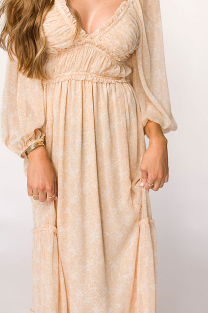 Daphne Long Sleeve Maxi Dress in Light Beige/White Floral - Bump Friendly & Inclusive Sizing (XS-3XL)