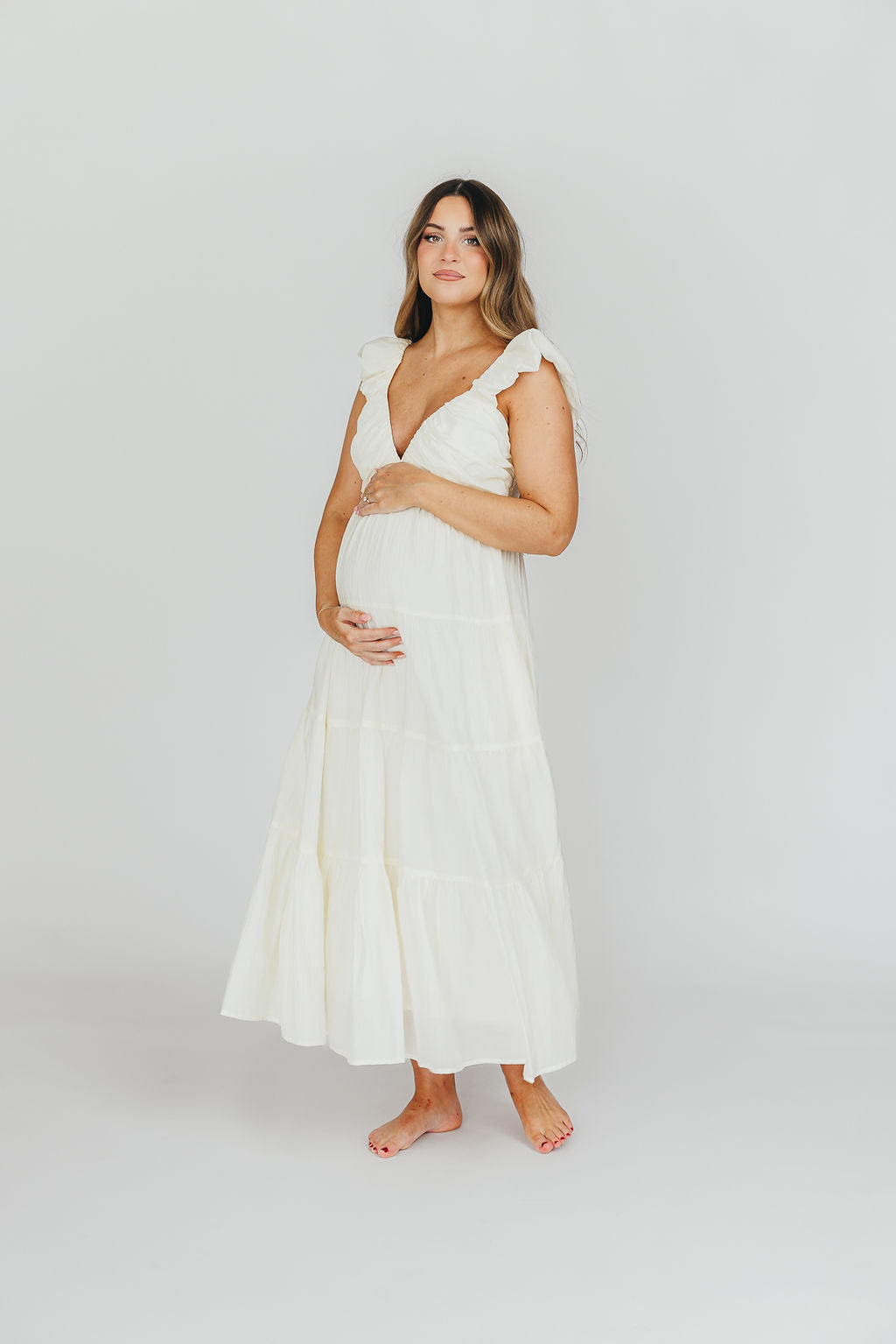 Katy Pleated Bodice Maxi Dress in Cream - Bump Friendly - Restocking End of Sept