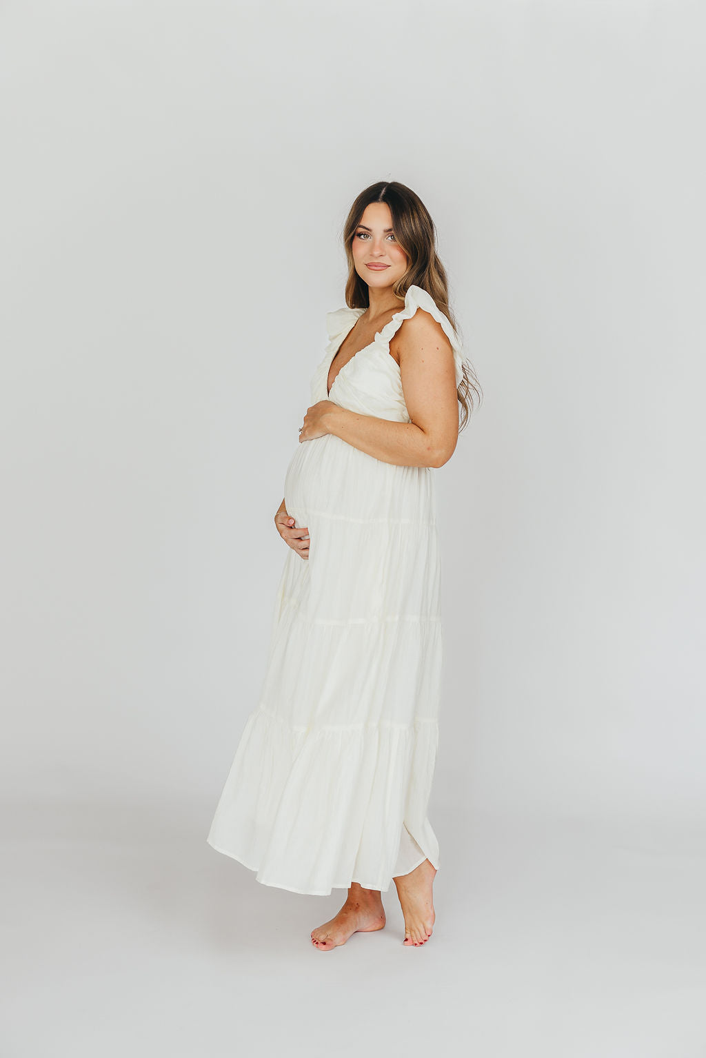 Katy Pleated Bodice Maxi Dress in Cream - Bump Friendly - Restocking End of Sept