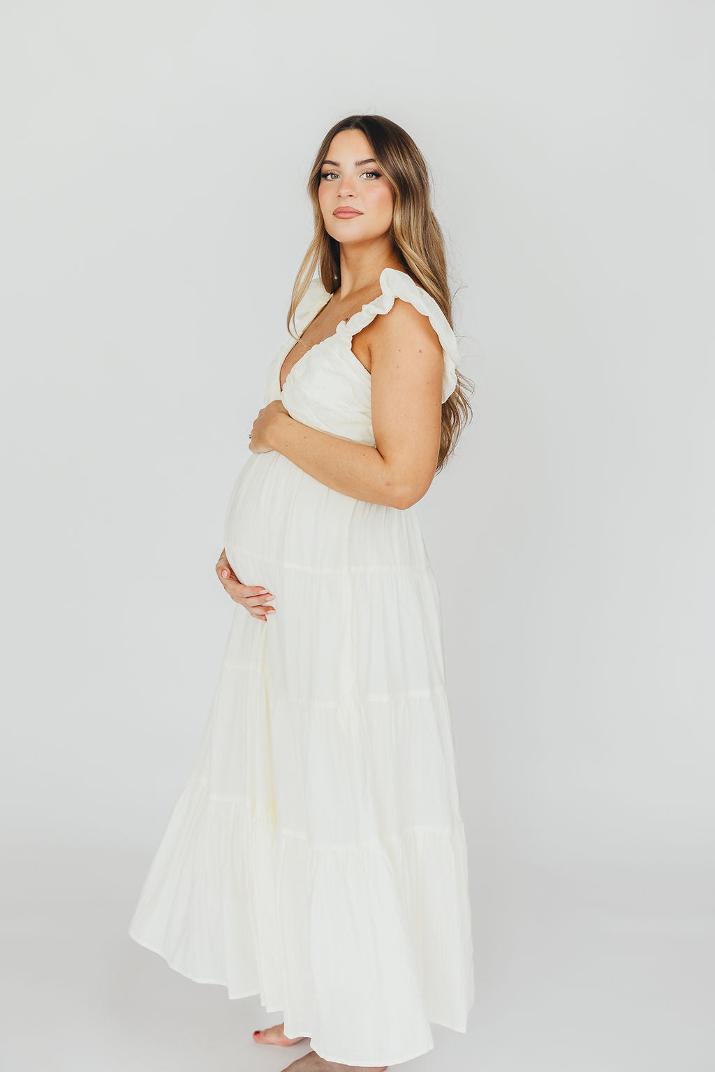 Katy Pleated Bodice Maxi Dress in Cream - Bump Friendly - Restocking End of Sept