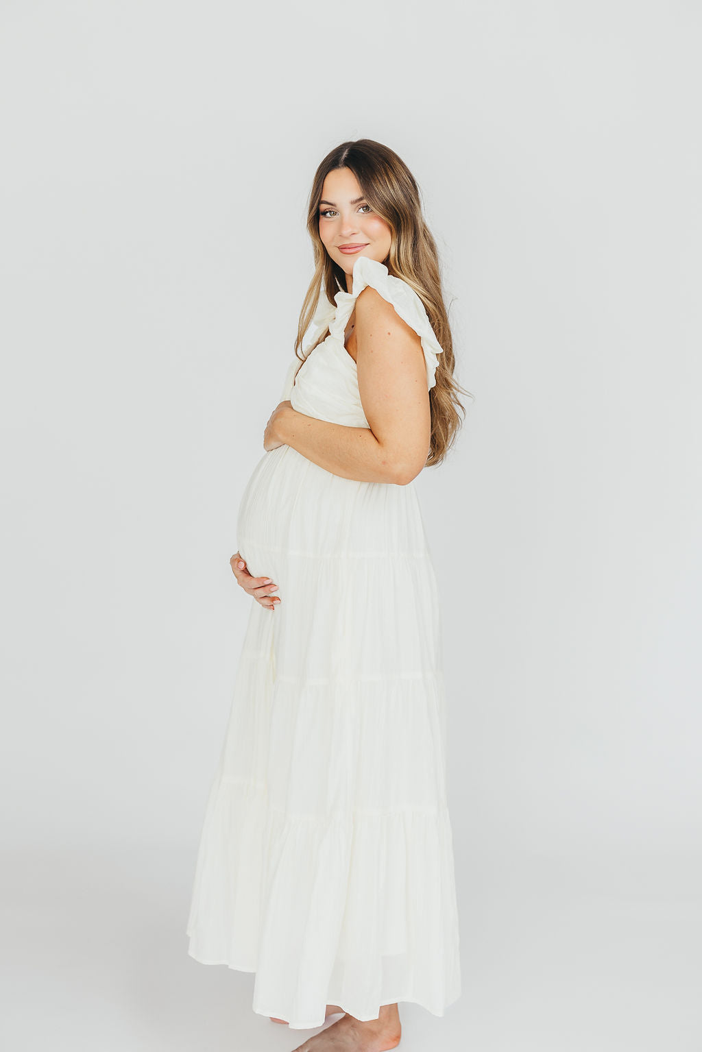 Katy Pleated Bodice Maxi Dress in Cream - Bump Friendly - Restocking End of Sept