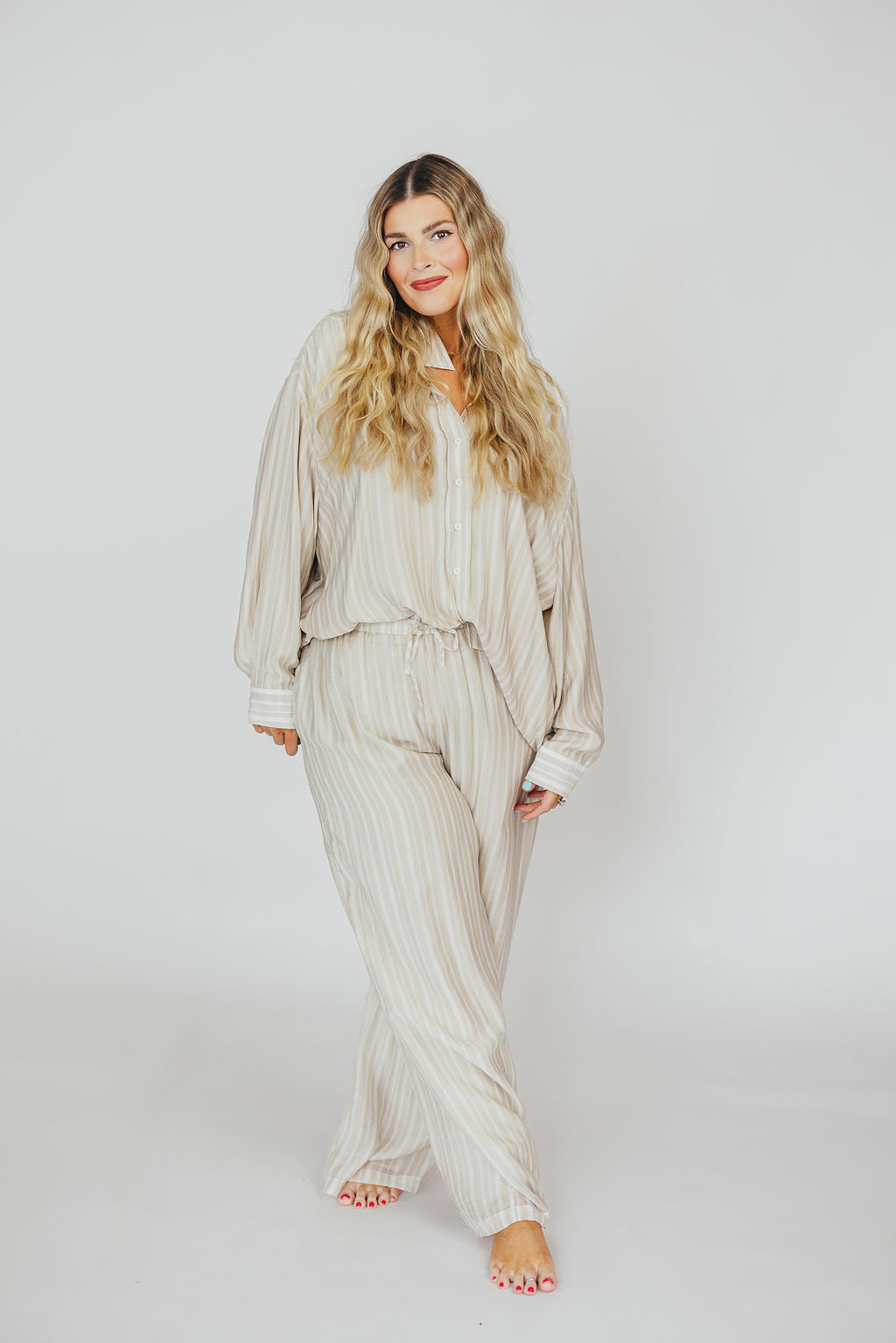 Sloane Striped Button-Down Shirt and Pants Set in Natural - Nursing Friendly