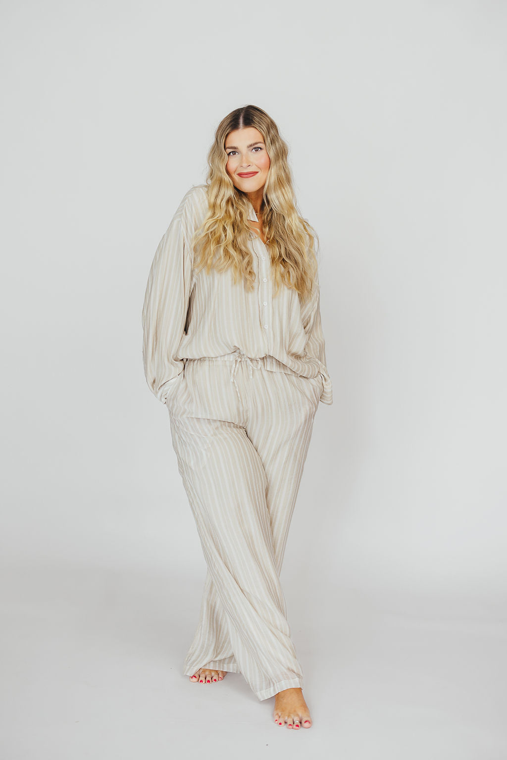 Sloane Striped Button-Down Shirt and Pants Set in Natural - Nursing Friendly