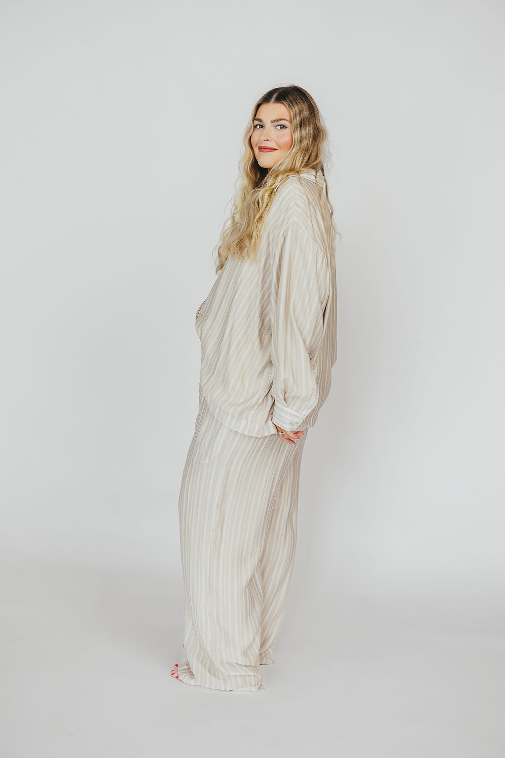Sloane Striped Button-Down Shirt and Pants Set in Natural - Nursing Friendly