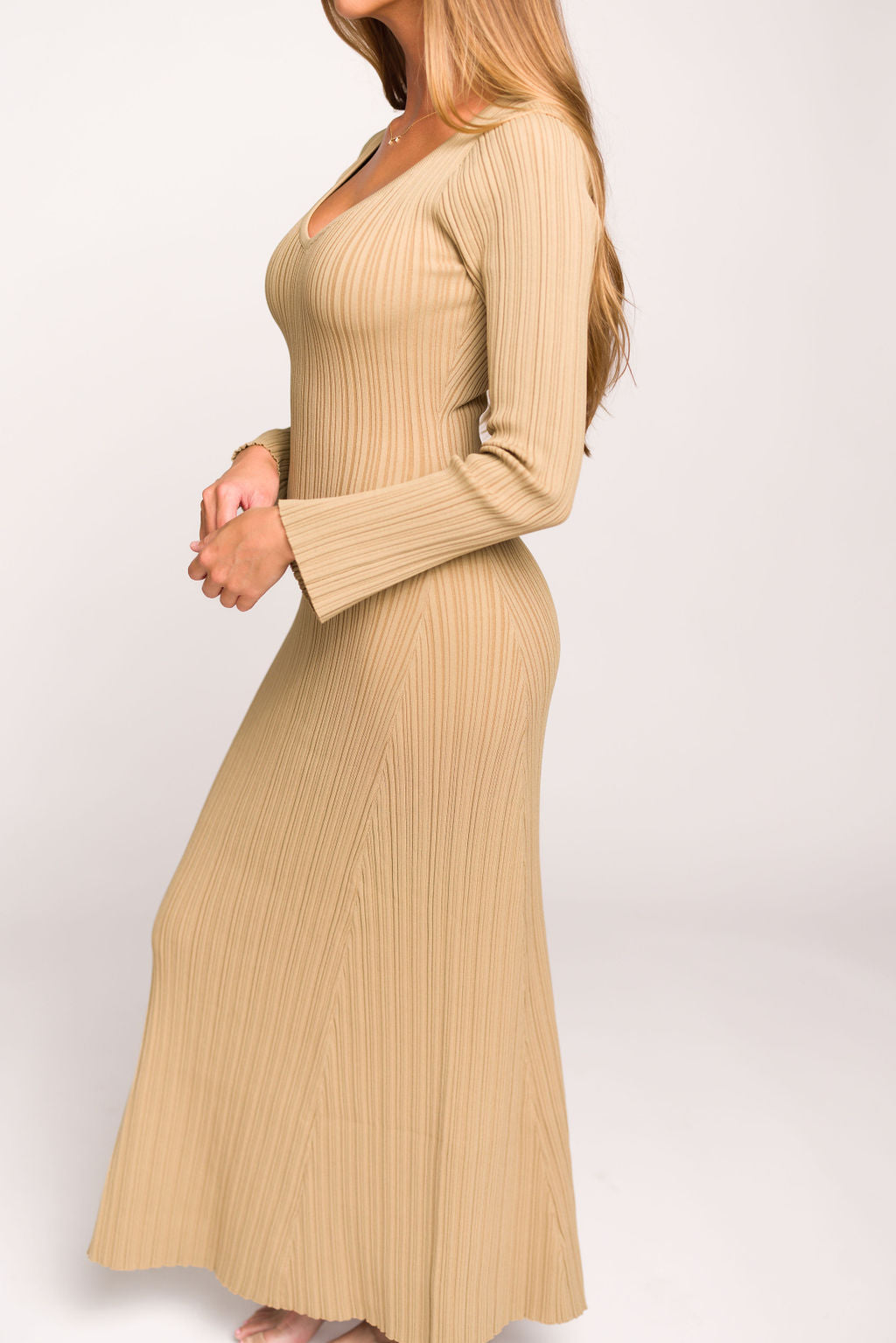 Keaton Knit Maxi Dress with V-Neckline in Beige
