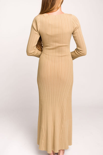 Keaton Knit Maxi Dress with V-Neckline in Beige