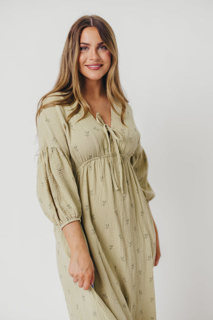 Hunter 100% Cotton Gauze Midi Dress in Thyme/Sage Foliage - Bump Friendly & Inclusive Sizing (XS-3XL)
