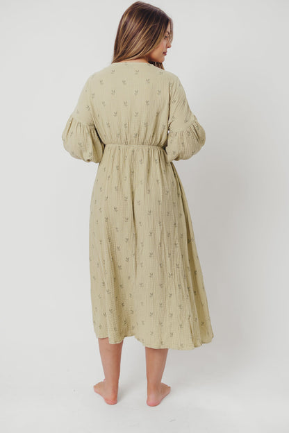 Hunter 100% Cotton Gauze Midi Dress in Thyme/Sage Foliage - Bump Friendly & Inclusive Sizing (XS-3XL)