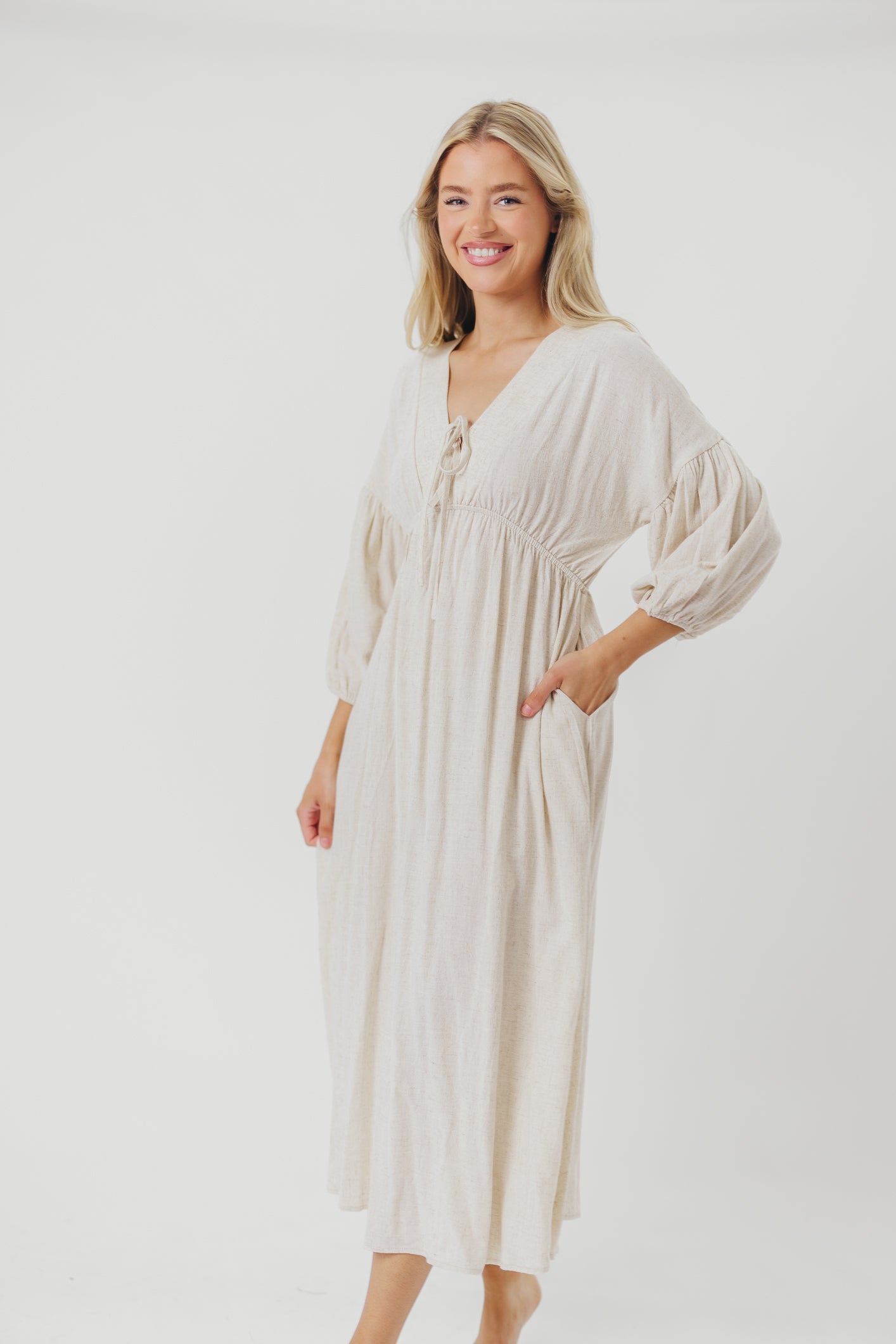 Hunter Linen-Blend Midi Dress in Greige - Bump Friendly *9/22 PRE-ORDER*