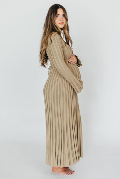 Hadley Long Sleeve V-Neck Knit Maxi Dress in Dune