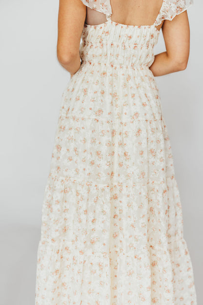 Charming Floral & Gingham Ruffled Maxi Dress in Cream/Peach Floral