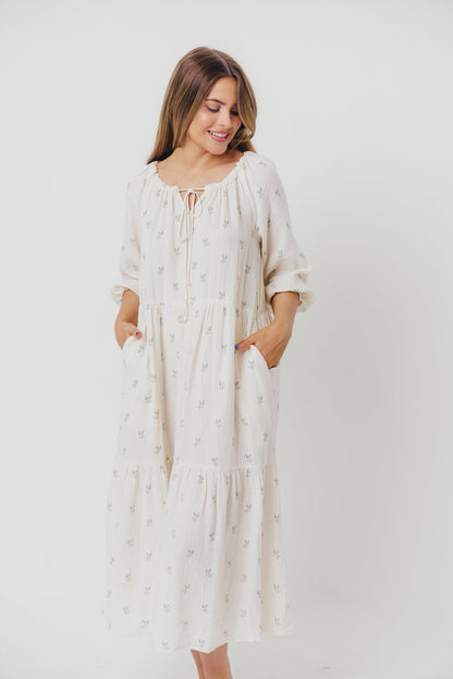 Avery Tiered Linen-Blend Midi Dress in Soy/Sage Foliage - Bump Friendly and Inclusive Sizing