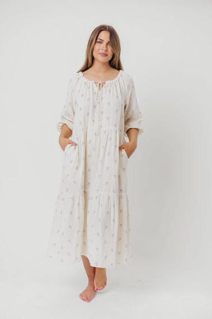 Avery Tiered Linen-Blend Midi Dress in Soy/Sage Foliage - Bump Friendly and Inclusive Sizing