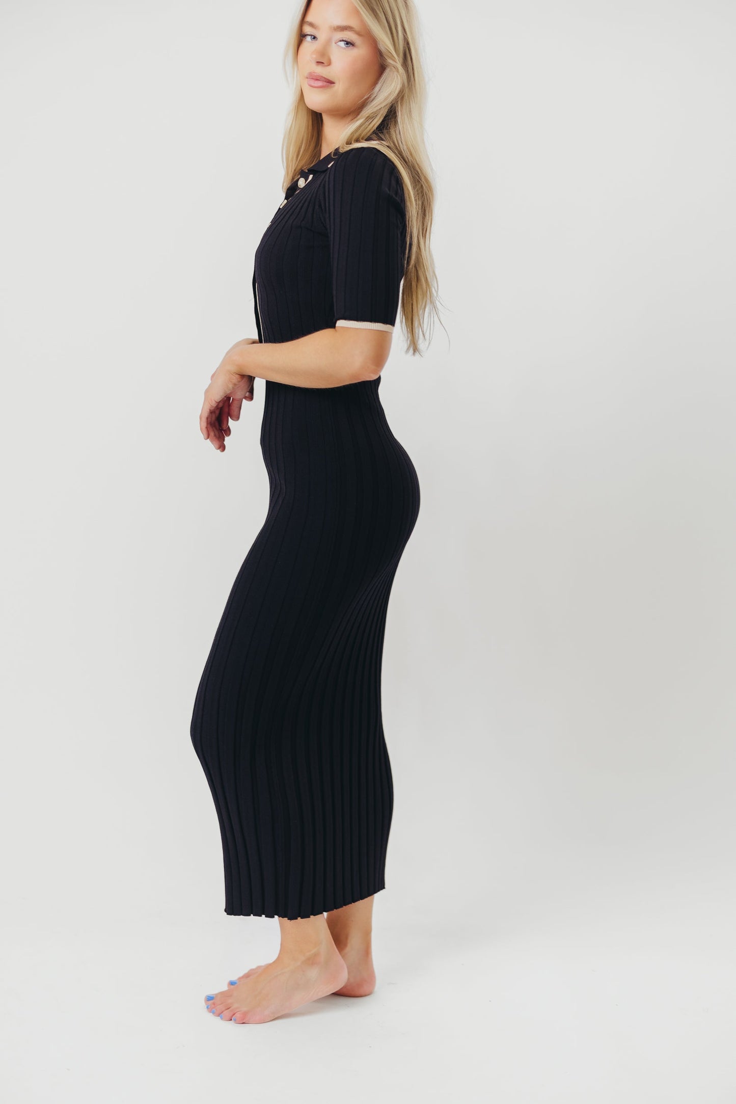 Addie Ribbed Button-Down Maxi Dress in Black - Nursing and Bump Friendly