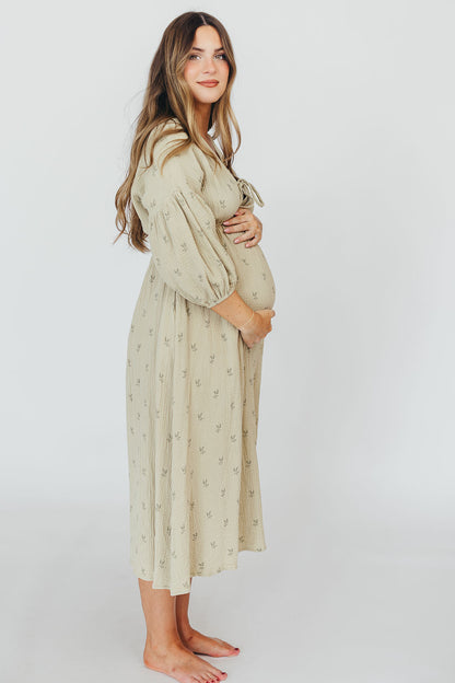 Hunter 100% Cotton Gauze Midi Dress in Thyme/Sage Foliage - Bump Friendly & Inclusive Sizing (XS-3XL)
