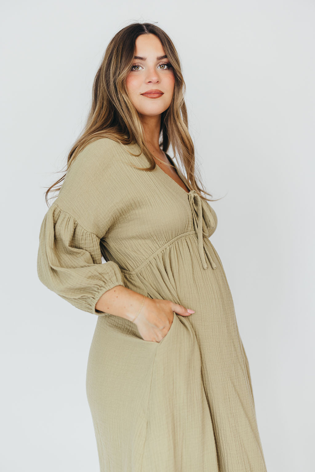 Hunter 100% Cotton Gauze Midi Dress in Thyme - Bump Friendly and Inclusive Sizing *9/22 PRE-ORDER*