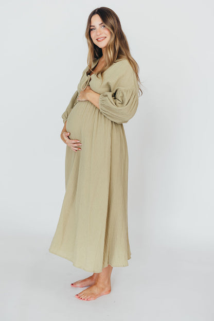 Hunter 100% Cotton Gauze Midi Dress in Thyme - Bump Friendly and Inclusive Sizing *9/22 PRE-ORDER*