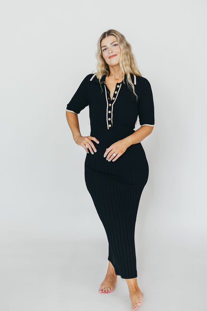 Addie Ribbed Button-Down Maxi Dress in Black - Nursing and Bump Friendly